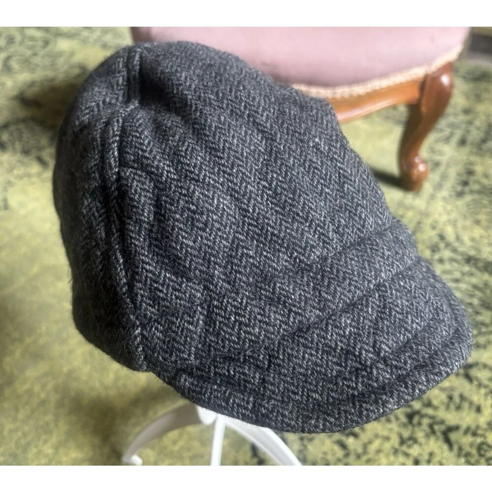 Vtg Y2k Sheila Moon Wool Cycling Cap Hat Knitted Herringbone Gray Satin Lined L